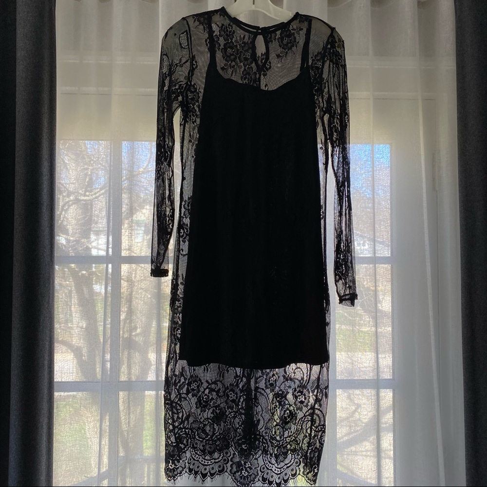 Black lace dress built-in slip long sleeves size small